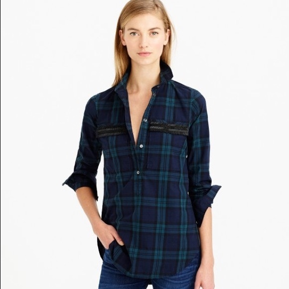 J. Crew Tops - J. Crew Beaded Popover Shirt in Black Watch Plaid